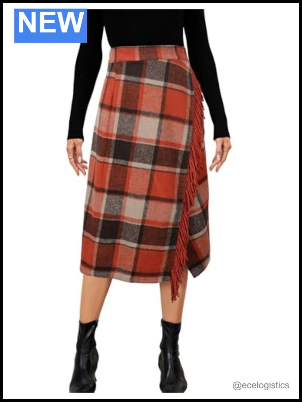 Plaid Fringed Wrap Midi Skirt Wool Blend A-Line Warm Casual